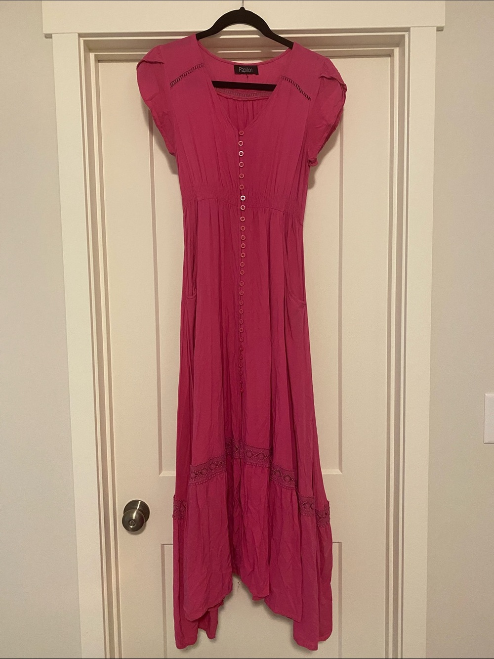 Papillon solid lace inset maxi dress. Fuchsia hot pink.